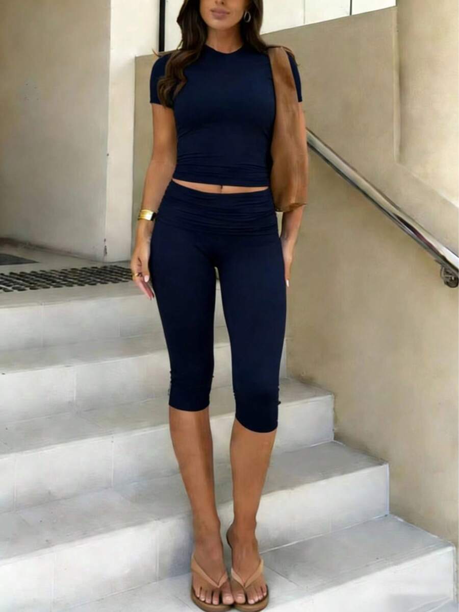 Women's Fitted Short Sleeve T-Shirt & Ruched Cropped Pants Casual 2 Piece Set - Navy Blue - View 1