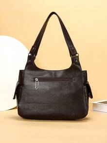 1件复古大容量手提包，复古PU单肩斜挎包，女士休闲托特包兼钱包 - 咖啡棕 - 查看 6