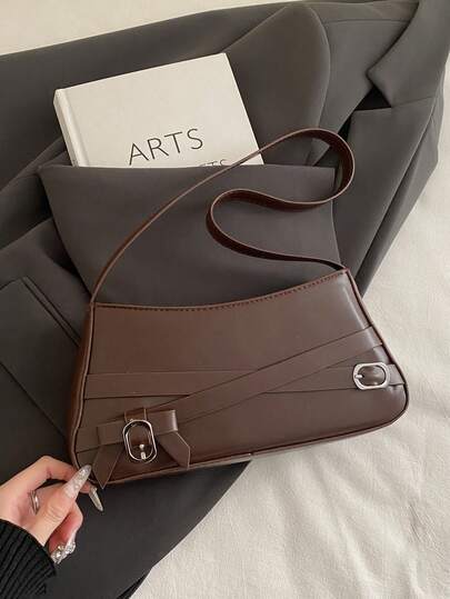 1个咖啡棕色蝴蝶结装饰纯色PU法棍包，女士单肩包，冬季