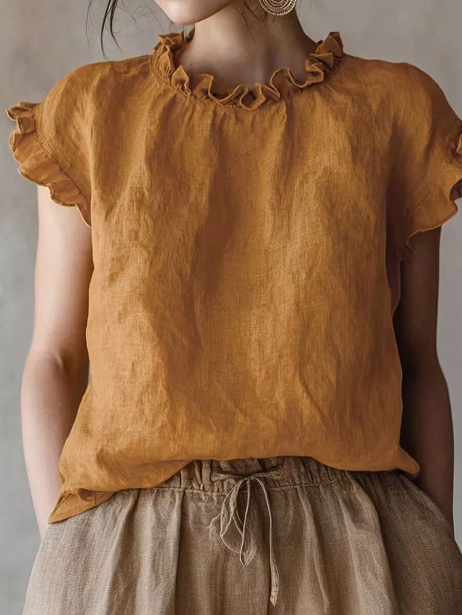 Elegant Women's Ruffle Collar Loose Casual Blouse - Mustard Yellow - View 1