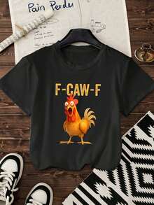Camiseta de manga regular de tela de punto con estampado de pollo para mujer de talla grande, camiseta gráfica de verano para outfits casuales de mujer, color negro - Negro - Ver 1