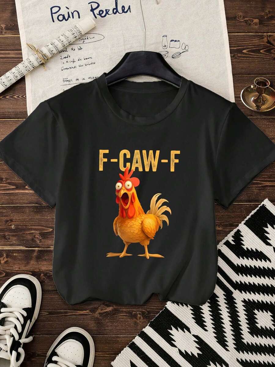 Camiseta de manga regular de tela de punto con estampado de pollo para mujer de talla grande, camiseta gráfica de verano para outfits casuales de mujer, color negro - Negro - Ver 1