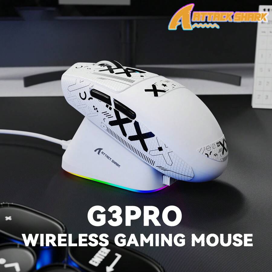 ATTACK SHARK G3PRO 无线游戏鼠标，配备 RGB 充电底座，支持 2.4G/USB-C 有线/蓝牙连接，搭载 PAW3311 光学传感器，1K 轮询率，25K DPI 可调，内置 500mAh 电池，超轻 59g 鼠标 - 彩色 - 查看 1