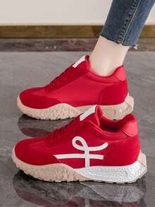 Women's Casual Sneakers, New Thick Sole Anti-Slip Comfortable Sports Shoes, High-Top Round Toe Lace-Up Comfortable Shoes, Mid-Top Round Toe Lace-Up Comfortable Outdoor Sports & Leisure Shoes, Comfortable Women's Training Shoes - Red - View 3