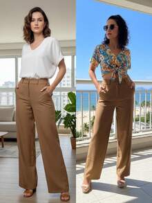 Simple Pocket, Contrasting Waistband, Zipper, Close-Up - Khaki - View 4