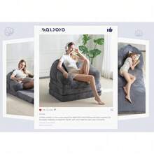 MAXYOYO Folding Sofa Bed, 2 In 1 Convertible Sofa To Lounger Comfy Single Bean Bag Chair For Adults, Floor Sleeper Couch With Handle, Faux Fur Couch Bed For Living Room Bedroom, Beige - 灰色 - 查看 4