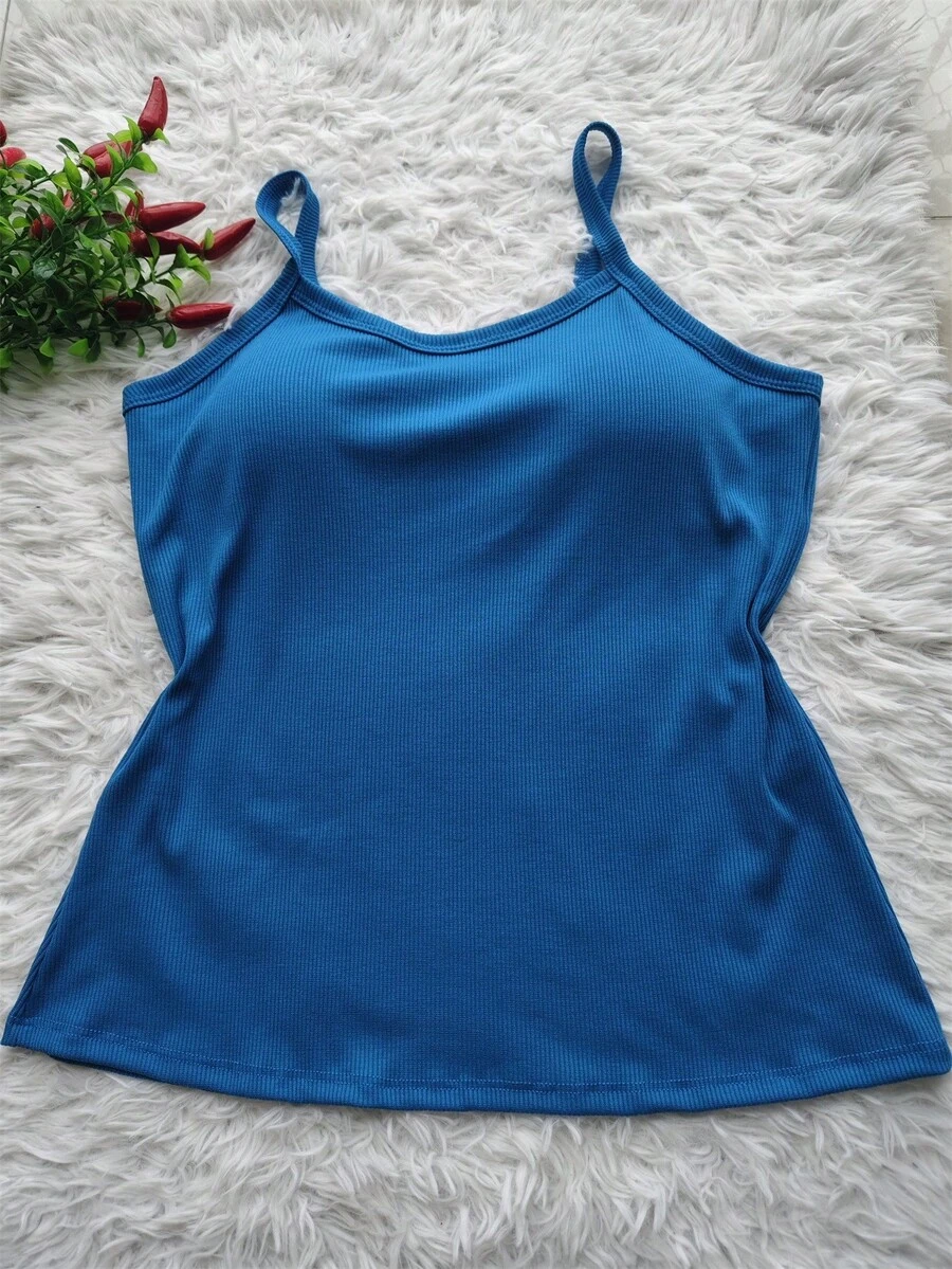 Women's Ribbed Tank Top With Thin Straps And Padded Cups - Blue 2 - View 1