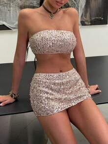 Women's Glitter & Sequin 2-Piece Set: Strapless Crop Top And Bodycon Mini Skirt, Shiny Summer Street Fashion, Stylish Events, Vacation, Nightclub Party, Minimalist Daily Wear - Champagne - View 7