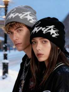 1顶针织帽，嘻哈风格保暖翻边针织帽，男女通用，时尚街头滑板针织帽 - A - 查看 5