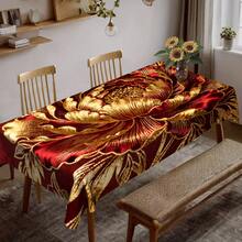 1pc Elegant Red & Golden Peony Flower Tablecloth - Luxury Rectangular Chinese New Year Table Cover, Machine-Made Fabric Suitable For Dining Table, Kitchen, Wedding, Party Decor - Year-Round Use, 2D Flat - 彩色 - 查看 2