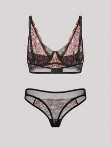 Hourtrue 2 件女士黑色和红色半透明镂空蕾丝花卉性感内衣套装，圣诞节和万圣节礼物，蕾丝下摆女士文胸和三角内衣，日常万圣节派对装 - 黑色 - 查看 2