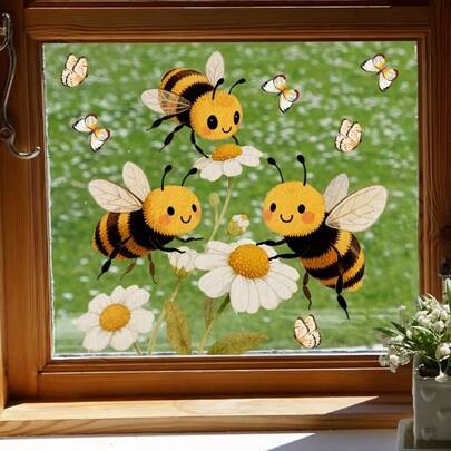 1pc Cute Cartoon 3 Bees Honey Harvesting Window Sticker, Reusable PVC Double-Sided Transparent Static Cling Glass Sticker, Suitable For Children's Room, Bedroom, Nursery And Home Decor