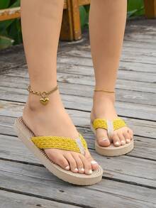 Women's Flat Sandals, Cherry Print, Fashionable Shoes With Thick Soles, Summer Beach Slippers - Yellow - View 3