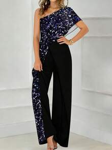 Valentine Outfits For Women Valentine's Day Shimmering Fabric Elegant Party Holiday Outfit Off-Shoulder Asymmetric Hem Jumpsuit - Black - View 7
