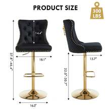 Velvet Bar Stools Set Of 2, Height Adjustable Breakfast Bar Stool, Counter Modern High Chair With Lion Knocker, Suitable For Bars Kitchens And Breakfast Counters, Gold Black - Black - View 9