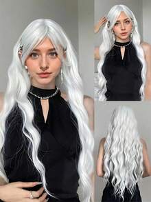 28 Inch No Bangs Wig Long Water Wave Curly Bangs Wig Suitable For Women, White Synthetic Role-Playing Wig - Multicolor - View 8