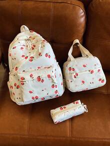 Set de 3 rucsacuri la modă cu model de căpșuni, stil școlar, inclusiv rucsac, geantă de prânz și penar, cu compartiment pentru laptop, bretele reglabile, set de ghiozdane cu capacitate mare și mai multe buzunare, set de rucsac multifuncțional de zi cu zi, potrivit pentru fete/adolescenți/studenți/absolvenți pentru uz zilnic/vacanță/călătorii/înapoi la școală - alb - Vizualizare 11