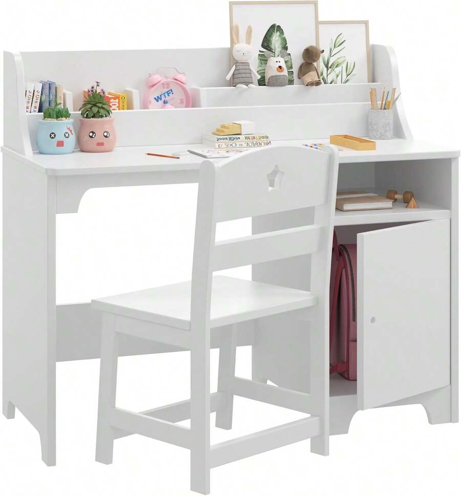 Conjunto de escritorio y silla para niños con armario, armario de almacenamiento, mesa de estudio de madera y estación de trabajo para computadora para dormitorio infantil. - Blanco - Ver 1