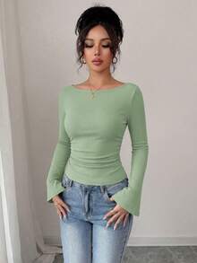 Women's Spring Fall Long Sleeve Shirts Crop Going Out Tops Casual Boat Neck Bell Sleeve Ribbed Ruched Y2K Clothes - Light Green - View 6