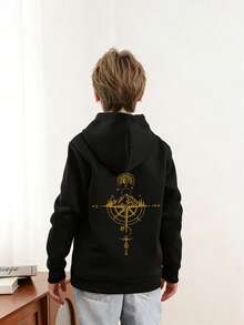 Tween Boy Graphic Print Thermal Lined Pullover Sweatshirt Sweatshirt, Warm & Comfortable For Autumn/Winter - Black - View 2