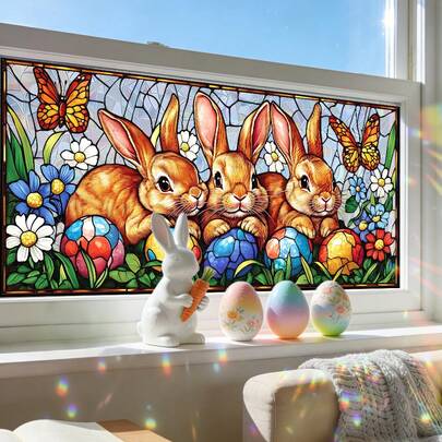 1片复活节兔子和彩蛋静电吸附窗贴，蝴蝶花卉图案，可移除PVC隐私玻璃膜，适用于家居、办公室、浴室装饰，易于粘贴，春季装饰（45 x 100厘米）
