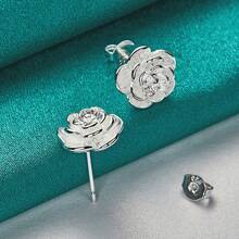 925 Sterling Silver Rose Gold Plated Flower Stud Earrings, Charming Jewelry For Wedding Engagement - Silver - View 1
