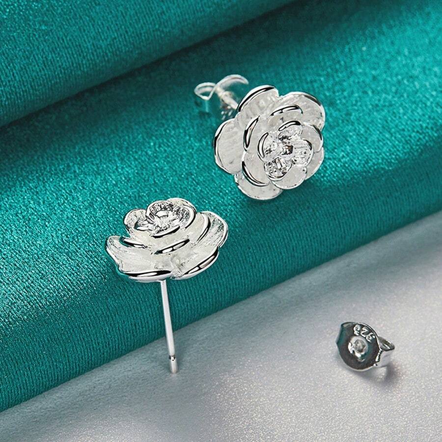 925 Sterling Silver Rose Gold Plated Flower Stud Earrings, Charming Jewelry For Wedding Engagement - Silver - View 1