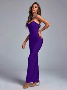 Bernatova Sexy Strapless Midi Bodycon Cocktail Party Dress In Purple, With Back Slit Design, Suitable For Birthday, Back To School, Graduation, Wedding Guest, Evening Party Spring - Purple - View 3