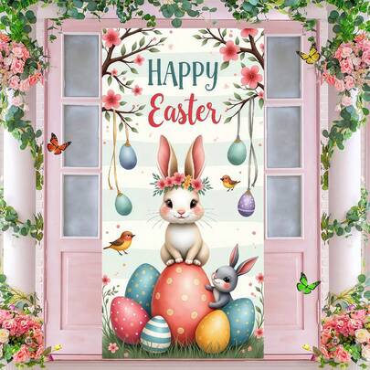 1pc "Happy Easter" Welcome Bunny Door Banner - Pastel Stripes With Floral Eggs, Charming Spring Entryway Decor For Home, Porch Or Indoor Wall