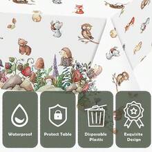 Woodland Animals Table Cloth Jungle  Plastic Table Cover Tablecloth Rectangular Tablecloths Disposable Wipe Clean Waterproof Table Cloths Covers For Birthday Wild One Party Supplies 1pc - NeutralAnimals1pc - View 3