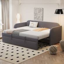 Extendable Sofa Bed 90/180*190 Cm With Vertical Stripes And Crib, Multifunctional Bed, Comfortable And Breathable Linen, Grey (Mattress Not Included) - Grey - View 2