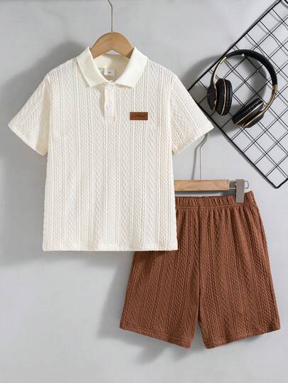 2pcs/Set Boys' Casual Solid Color Polo Shirt With Patch Decor Collar & Shorts, Summer Outfit