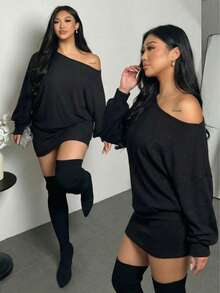 2pcs Plus Size Women's Asymmetric Neckline Asymmetrical Shoulder Long Sleeve Top And Bodycon Mini Skirt Set - Black - View 1