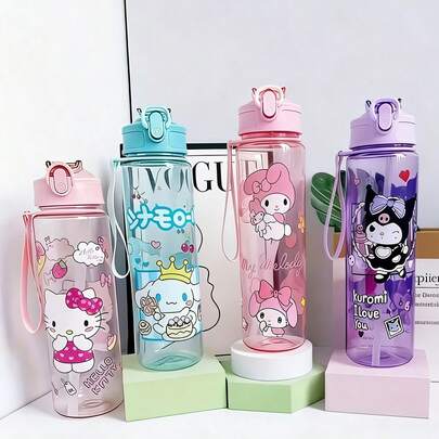 1pc 27oz Cute Cartoon Sports Water Bottle, Leak-Proof Flip Cap With Straw, Pop-Up Lid, Ideal For Commuting, Fitness, Running, Outdoor, Great Birthday Gift For Her