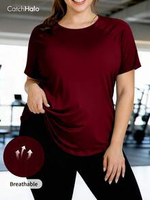 Camiseta deportiva para mujer de talla grande, con mangas raglán, bajo curvo y transpirable, adecuada para el gimnasio, correr, yoga - Burdeos - Ver 8