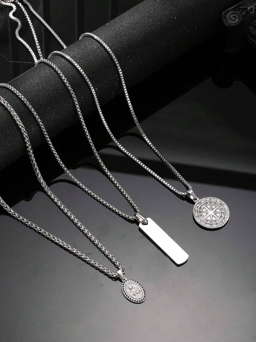 Bộ 3 dây chuyền mặt dây chuyền bằng thép không gỉ màu bạc tối giản thời trang dành cho nam giới, bao gồm mặt dây chuyền hình la bàn và hình chữ nhật, thích hợp để đeo hàng ngày, trong các dịp lễ, lễ đính hôn, đám cưới hoặc làm quà tặng. - Bạc - Xem 1