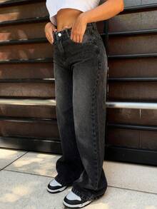 女式男友风直筒牛仔裤 - 深灰色 - 查看 5