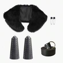 4pcs Halloween Viking Costume Set, Viking Faux Fur Collar, Belt, PU Leather Gauntlet Wristband, Medieval Viking Costume Accessories - A - View 5