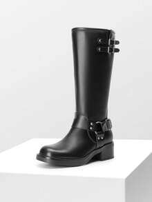 Women's Motorcycle Boots Side Zipper Knee High Boots Square Toe Chunky Low Heel Buckle Decorated Biker Fashion Long Boots Festival Dresses - 黑色 - 查看 6