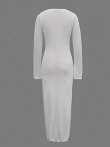 Women's New Crew Neck Half-Button Long Sleeve Ribbed Cuffed Semi-Sheer Slim-Fit Pullover, Fashionable Casual Elegant Minimalist Sexy Vacation Beach Knit Sweater Dress, Spring And Summer - White - View 6