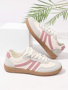 LUCKY STEP Women's Flat Fashion Sneakers, Retro Classic Lace-Up, Stylish Leather & Mesh, Tennis/Running/Walking Shoes - Pink - View 7