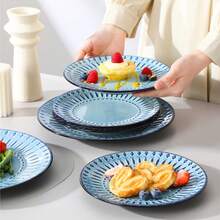 vancasso 16-Piece Set Of Blue Relief Diamond Vertical Point Lace Ceramic Dinnerware Set For 4 People