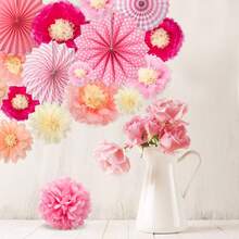 一套包含21个粉色系列折纸花球，花扇装饰套装，可用于房间装饰、悬挂式绒球、天花板装饰、婴儿派对、生日派对、卧室、花园装饰，风格可爱。 - 彩色 - 查看 4