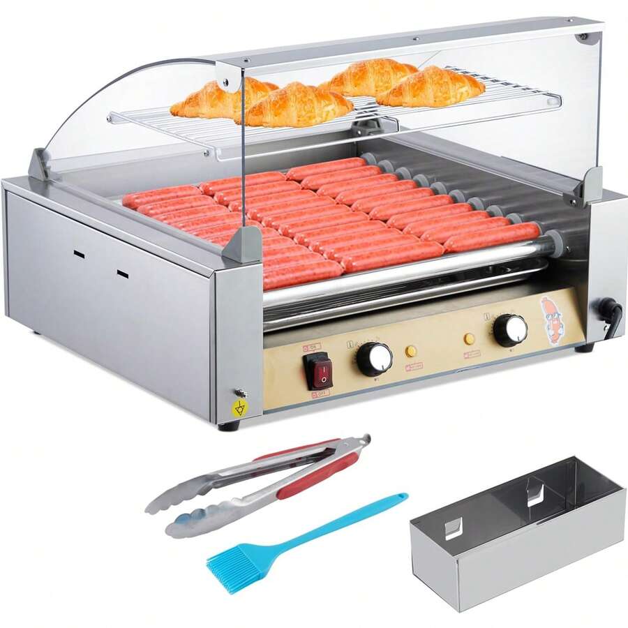 Hot Dog Roller – Máquina de cocina para salchichas, parrilla de acero inoxidable y calentador de bollos con cubierta de vidrio y bandeja de goteo extraíble, control de temperatura doble, para el hogar - 11 rodillos - Ver 1