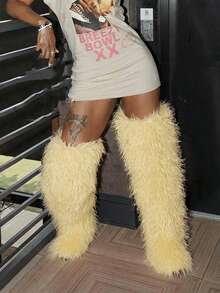 Women's Winter Knee High Boots Pull-On Faux Fur Round Toe Strap Boots For Women Comfy Plush Warm Outdoor Indoor Flat Shoes Punk Party Dressy Furry Fluffy Winter Autumn Fall Boots - 長款黃色 - 查看 3