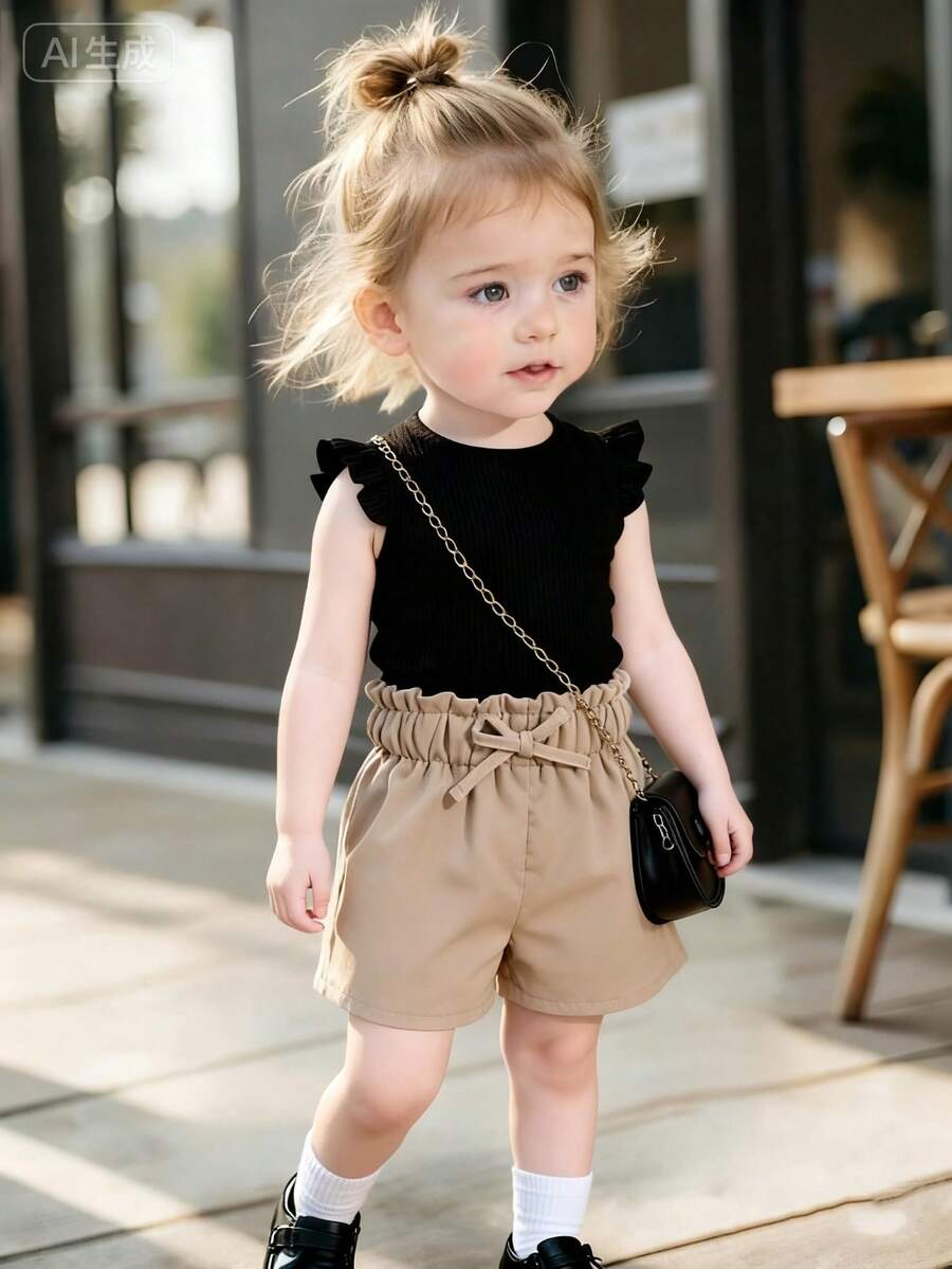 Set Minimalis Musim Panas untuk Bayi Perempuan, Atasan Tanpa Lengan Bergaris Hitam dengan Lengan Bergelombang + Celana Pendek Cokelat, Pakaian Sehari-hari yang Segar, Serbaguna, dan Menarik Perhatian - Hitam - View 1
