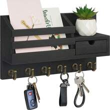 1 PC Keychain Wall-Mounted Type: Wall Key And Letter Holder, With 6 Hooks And Storage Drawer, Wooden Wall-Mounted Type, Mailbox Envelope Rack, Entrance Hall Key Rack, Wall-Mounted Bedroom Closet Rack, Solid Wood Storage Rack, Convenient For Installing Key Rack For Home Decoration At The Entrance. - Multicolor - View 9