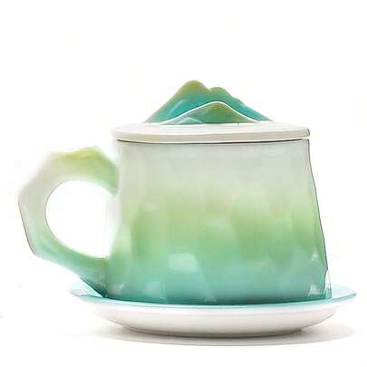 1pc 300ml Ceramic Reactive Glaze Mug, Household & Office Water Cup, Personalized Handle Coffee Cup, Cute Couple Gargle Cup, Personalized Mountain Lid (Can Be Used As Phone Holder), Multi-Functional Personalized Ornament