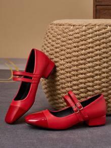 MonaNise Giày Mary Jane nữ cao gót chunky, đế bọc vải, phối kim loại và màu đỏ, kiểu dáng thời trang, đa năng. - Đỏ - Xem 4