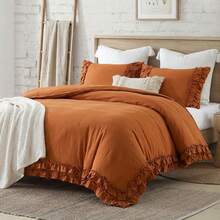 Ruffled Duvet Cover Set Pink Boho Bedding Set Pleated Ruffle Fringe Romantic Bedroom Decor Super Soft Breathable Comforter Cover Set - 鐵鏽紅色 - 查看 4